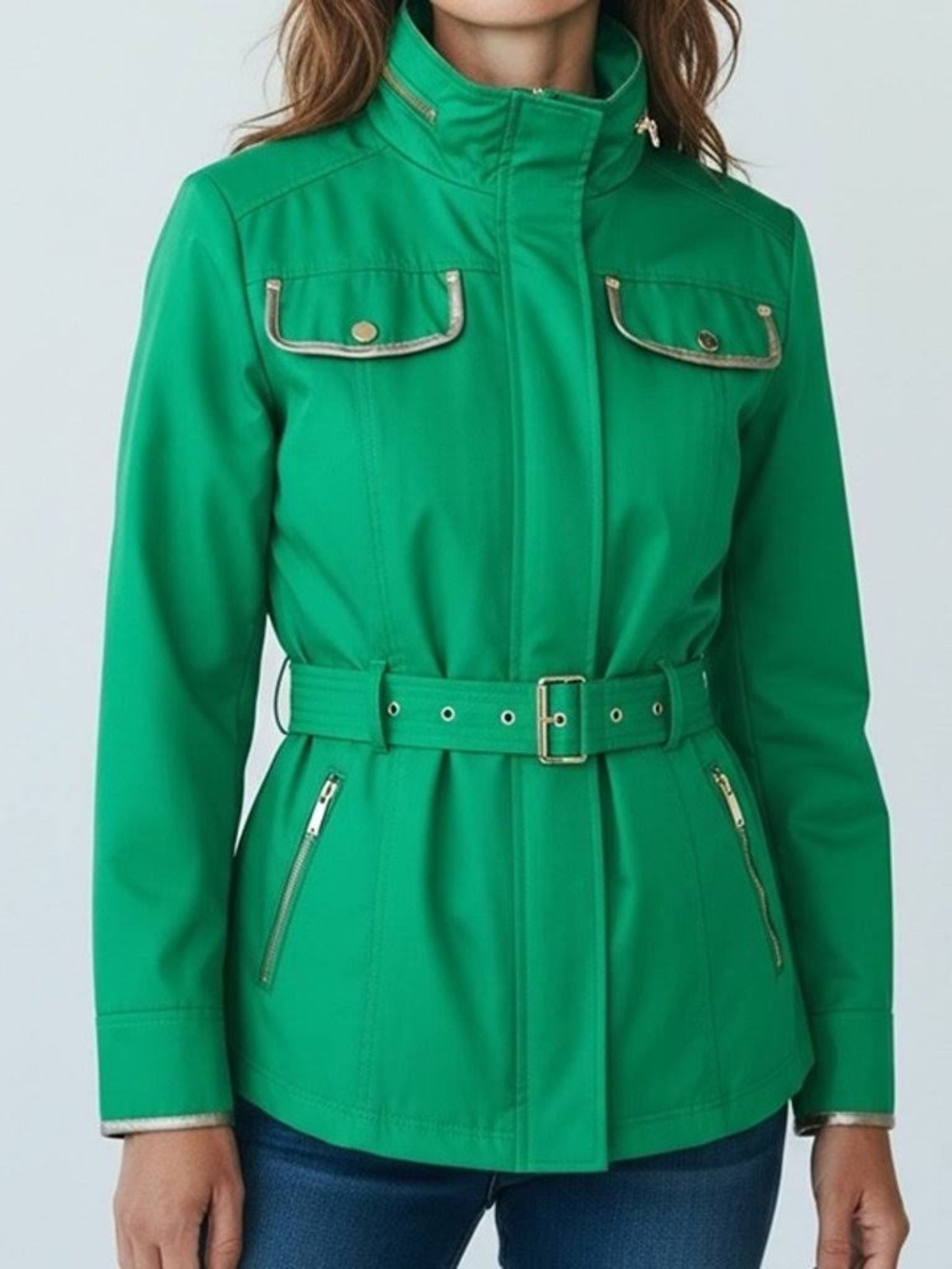 Michael Kors Kelly Green Hidden Hood Belt Trench Coat bronze faux-leather trim